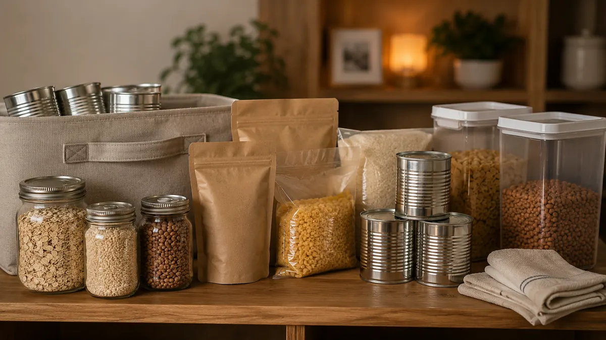Shelf-stable pantry foods and emergency food storage arranged in a home