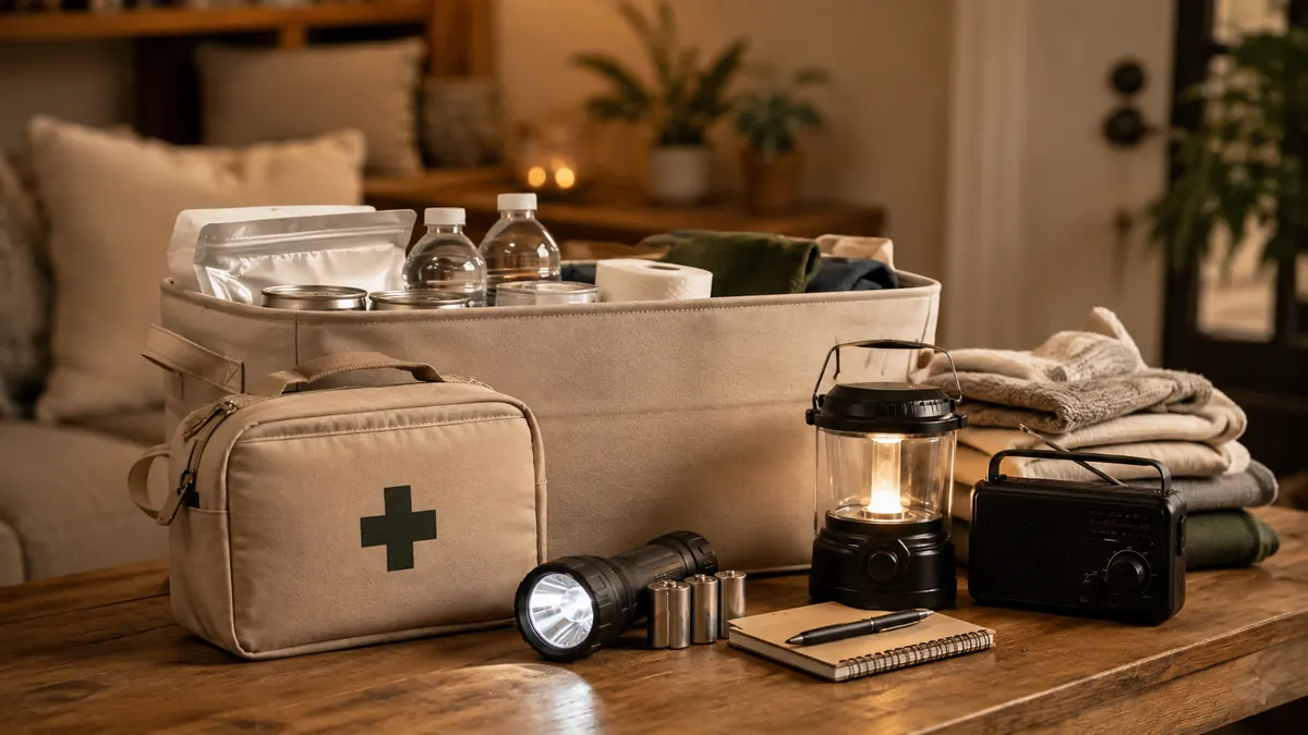 Organized household emergency kit with first aid supplies, lantern, radio and blankets