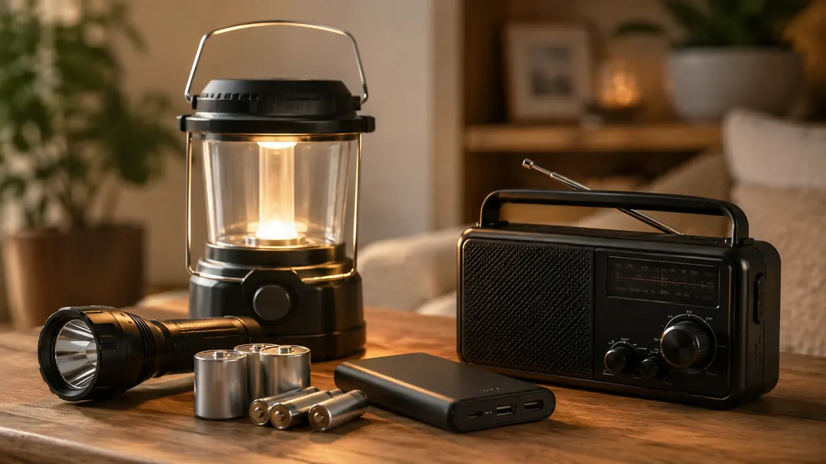Emergency lantern, flashlight, radio, batteries and power bank arranged in a home