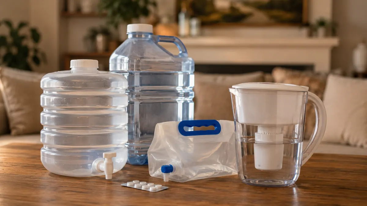 Emergency water containers, collapsible water storage and household water filter