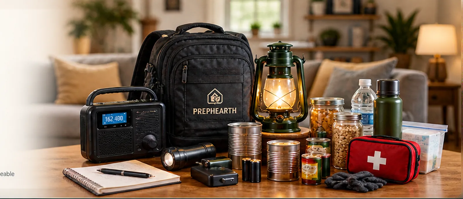 Household emergency supplies arranged in a warm home setting