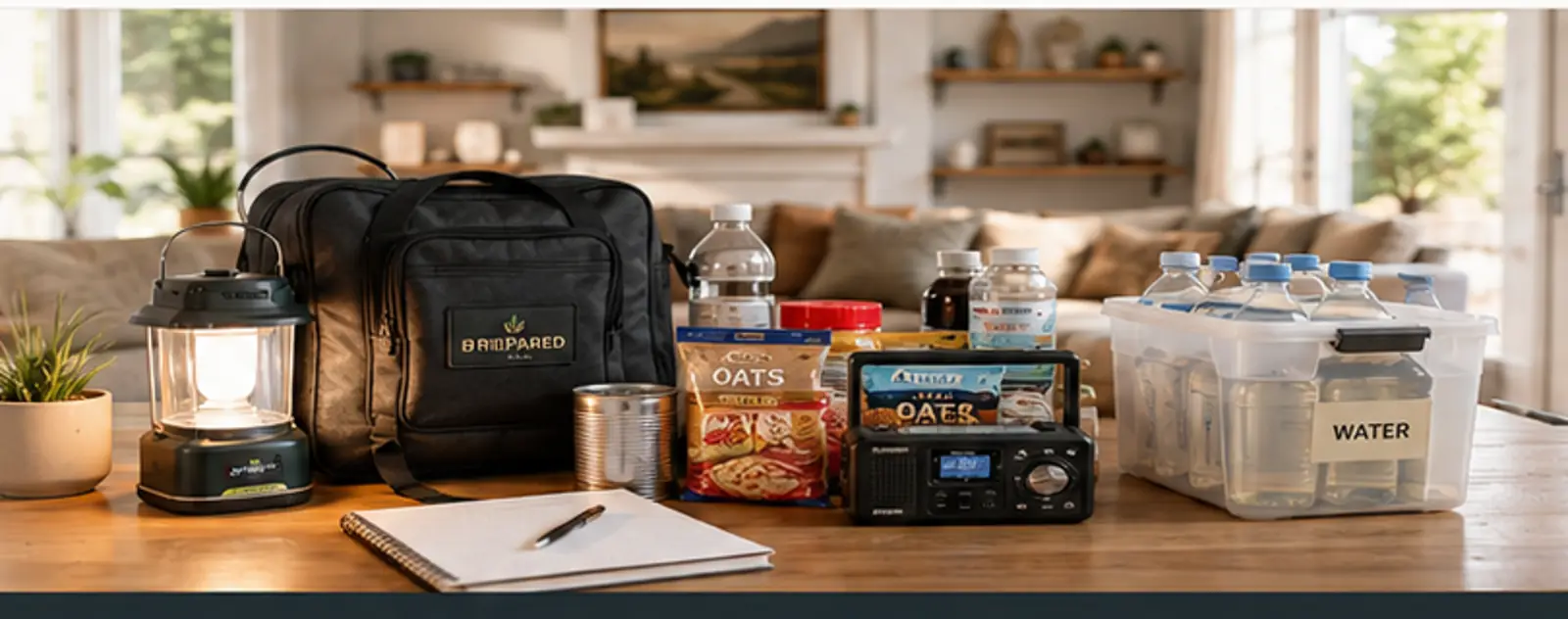 Household emergency supplies arranged in a bright home